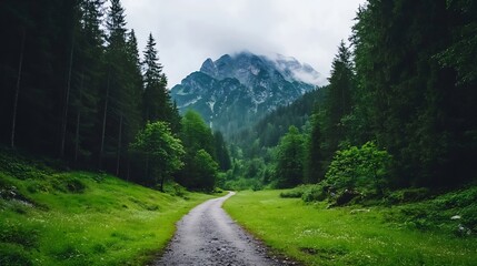 Obraz premium Majestic Mountain Landscape with Lush Green Forest and Misty Peaks on a Cloudy Day : Generative AI