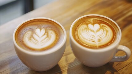 Two Cups of Coffee with Artistic Foam Designs on Rustic Wooden Table : Generative AI