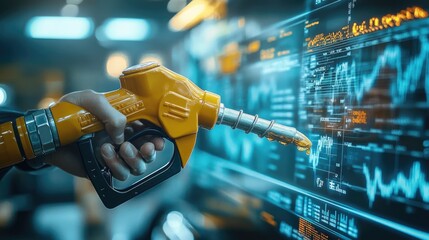 Energy crisis gasoline petroleum fuel nozzle with stock marketing graph chart showing oil prices on screen background.
