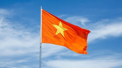 Vietnamese National Flag Waving Against Blue Sky and Cloudy Background : Generative AI