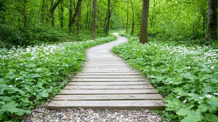 Obraz premium Winding boardwalk path through lush green forest, white wildflowers, nature walk