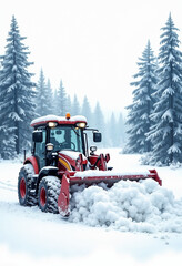 Red tractor plowing snow in winter forest