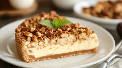 Delicious Creamy Cheesecake with Nutty Crust Garnished with Fresh Mint on Elegant White Plate : Generative AI