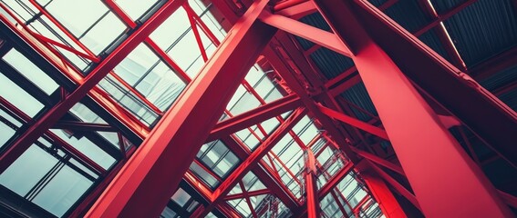 Fototapeta premium Industrial Red Steel Beams and Skylight Structure