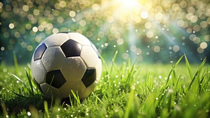 Fototapeta premium A close-up shot of a soccer ball on lush green grass with slight dew drops on its surface and blades of grass swaying gently in the breeze , dew, grass
