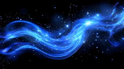 Fototapeta premium A vibrant, energetic blue wave moves through space, with bright particles shimmering against a dark sky, evoking feelings of cosmic energy and movement.
