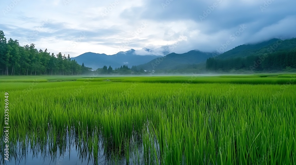 Poster lush green rice fields with misty mountain views at dawn in rural countryside presenting : generativ