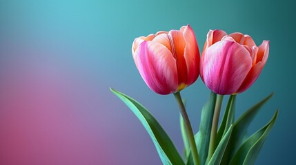 Fototapeta premium Two pink tulips on gradient background. Perfect for spring greeting cards