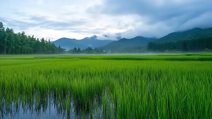 Obraz premium Lush Green Rice Fields with Misty Mountain Views at Dawn in Rural Countryside Presenting : Generative AI