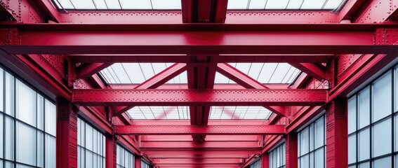 Fototapeta premium Industrial Red Steel Beams and Skylight Structure