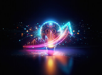 Fototapeta premium A vibrant double exposure image depicts a glowing lightbulb with an upward arrow, symbolizing growth and innovation. Surrounding particles add to the dynamic energy.
