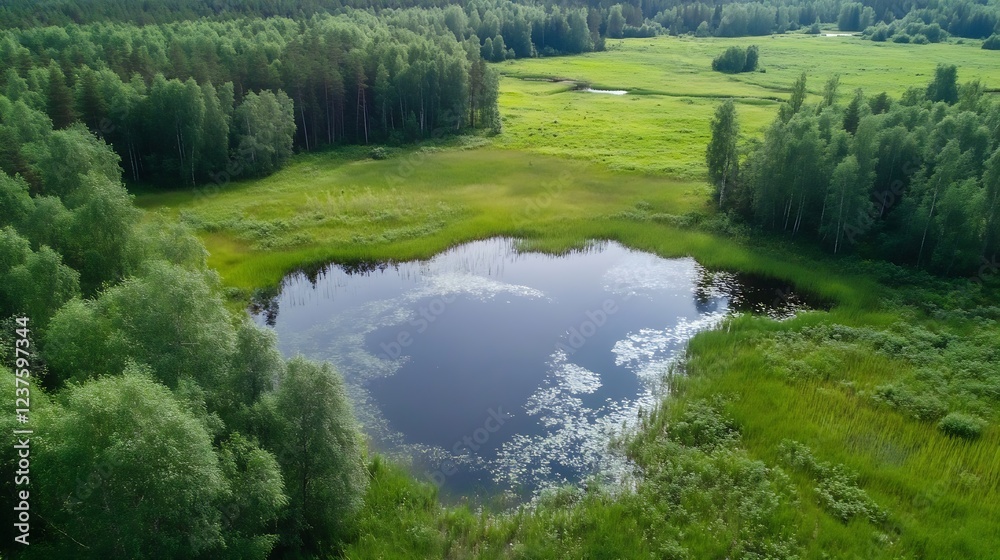 Poster scenic aerial view of tranquil lake surrounded by dense forest : generative ai