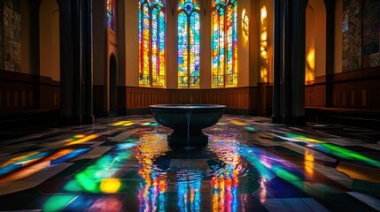 stained glass church baptismal font
