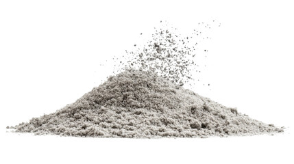 Pile of gray sand or dust exploding on transparent background