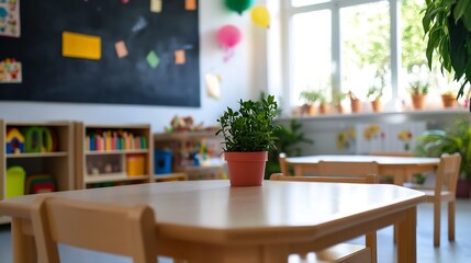 Bright and Cheerful Classroom with Wooden Tables and Green Plant for a Positive Learning Environment : Generative AI