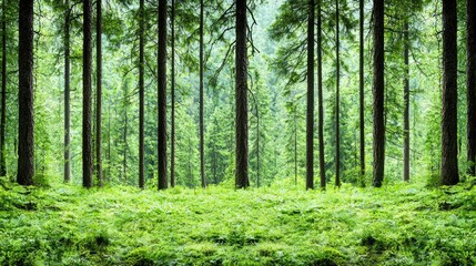 Fototapeta premium Lush green forest, tall trees, tranquil scene, nature background, ideal for wallpaper
