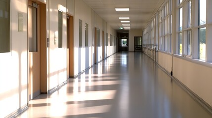 Empty hospital corridor with sunlight streaming through large windows into a clean clinical space : Generative AI