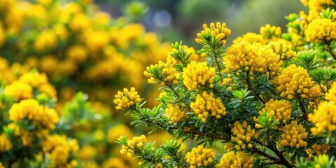 dense thorny bush with bright yellow flowers and lush green foliage against a natural background, garden backdrop, shrub landscape