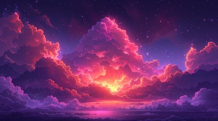 Naklejka premium Vibrant sunset cloudscape over ocean, starry night sky, fantasy art, ideal for desktop wallpaper