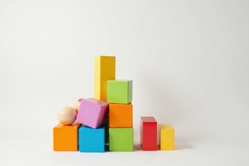 Obraz premium Colorful Wooden Blocks and Spheres Arranged in an Abstract Composition on a White Background