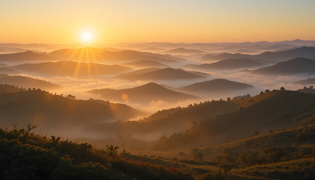 Rolling Hills Blanketed in Morning Fog Beneath a Golden Sunrise Capturing the Serene Beauty of Dawn