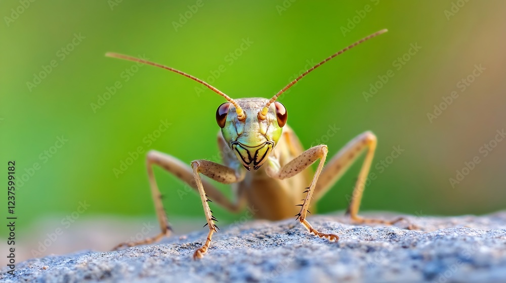 Poster Macro Portrait of Grasshopper with Detailed Features and Natural Green Background : Generative AI