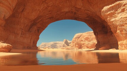 Desert archway reflecting in oasis; scenic background