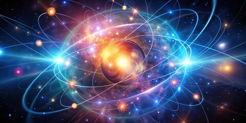 Naklejka premium Cosmic Swirl Background with Glowing Atomic Structure