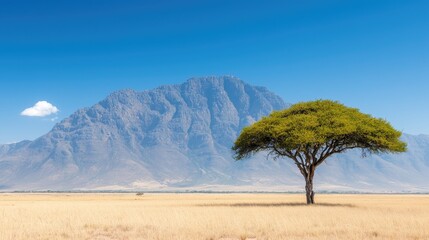 Lone acacia tree, savanna, mountain backdrop, sunny day, nature landscape