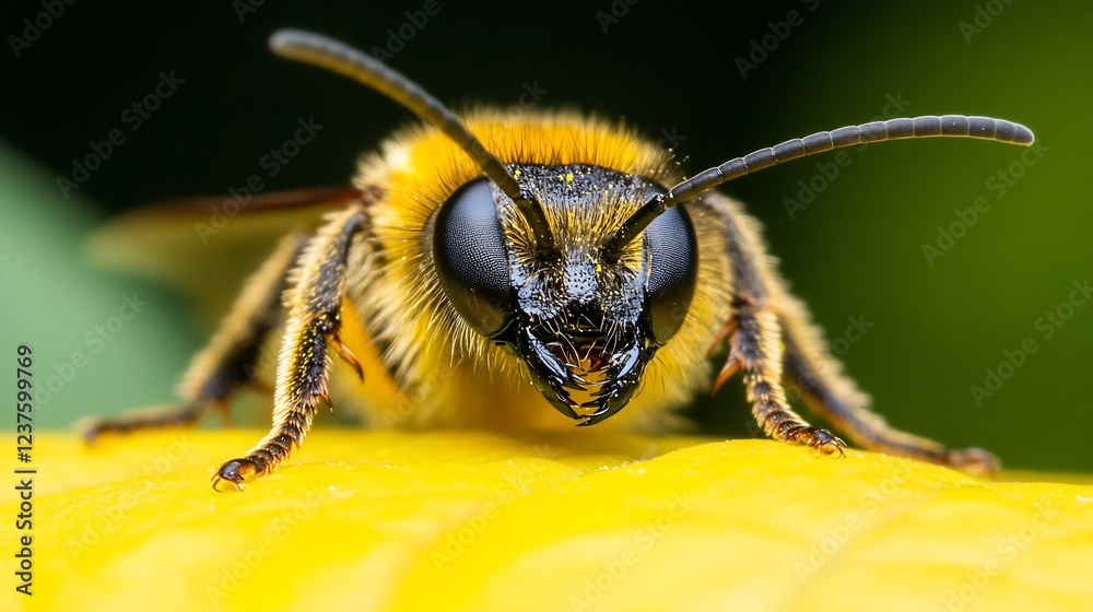 Poster closeup capture of a bee perched on a bright yellow flower with detailed textures : generative ai