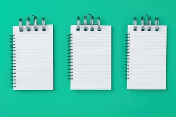 Three blank notepads with spiral binding on a green background