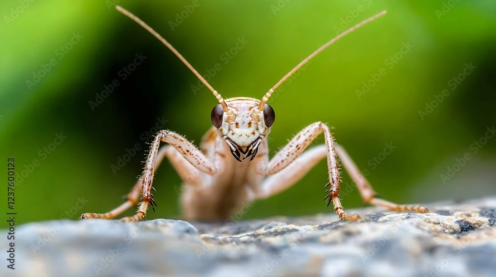 Poster Macro Shot of Praying Mantis on Stone Surface with Green Blurred Background : Generative AI