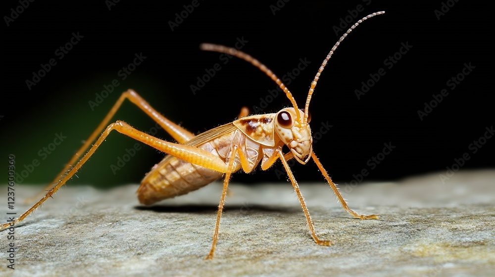 Poster macro shot of orange cricket on forest floor showcasing unique insect anatomy : generative ai