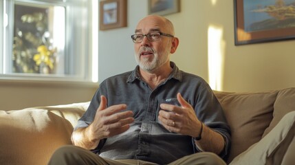 Fototapeta premium mature man sitting on couch sharing story casual conversation