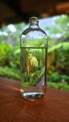 A bottle of clear water on wooden table with a view natural garden. The bottle is clear . Concept of natural and healthy