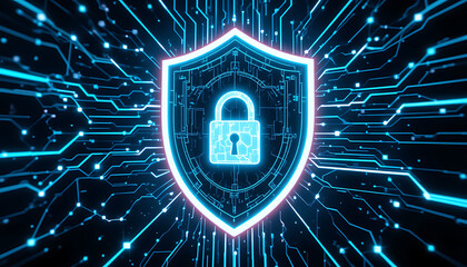 Glowing Digital Shield with Central Padlock Icon, Amidst Blue Circuit Board Network, Symbolizing Data Security in a Futuristic Cyber Environment