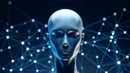 Humanoid Face Against Glowing Nodes Grid with Technological Theme