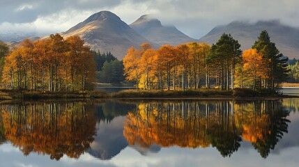 Obraz premium Scenic Lakefront Autumn Forest with Mountain Reflections Under Cloudy Skies : Generative AI
