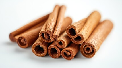 Detailed close-up of cinnamon sticks with visible natural texture, placed on a bright white background for clarity
