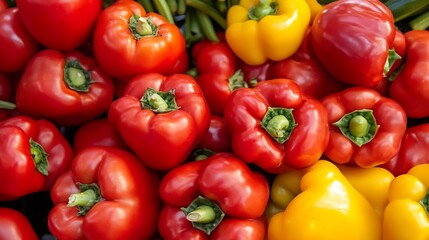 Pile of Fresh Red and Yellow Bell Peppers for Sale in an Outdoor Market : Generative AI