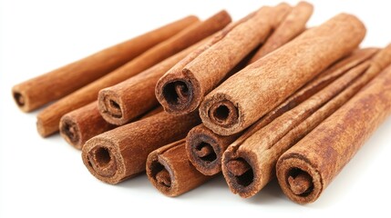 Detailed close-up of cinnamon sticks with visible natural texture, placed on a bright white background for clarity