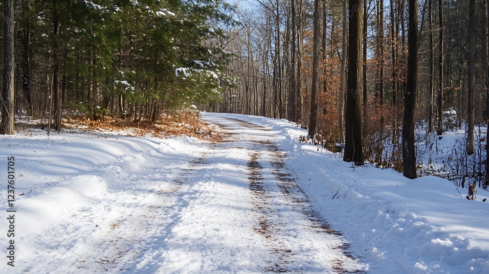 Poster Tranquil Snow Covered Forest Path with Bare Trees in Winter : Generative AI