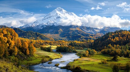 Fototapeta premium Autumnal mountain river valley, snow-capped peak. Landscapes