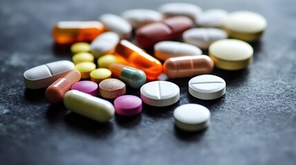 CloseUp of Various Colorful Pills and Capsules on Dark Surface : Generative AI