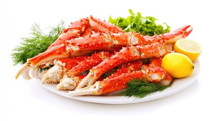Freshly cooked Alaskan king crab legs styled with a hint of lemon juice and dill on a simple white plate and white background