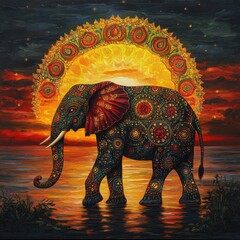 Obraz premium Majestic Elephant Surrounded by Vibrant Patterned Mandala Sunset