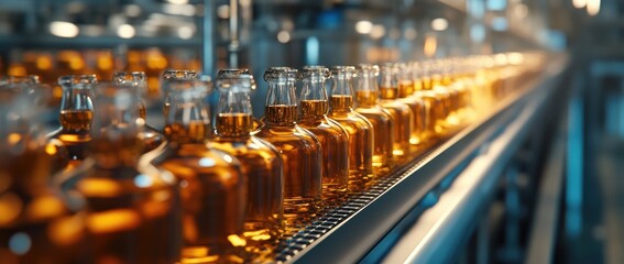 Obraz premium Close-up view of amber-colored liquor bottles moving along a conveyor belt in a distillery.