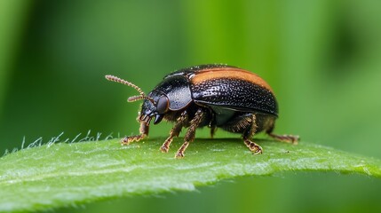 Black and orange leaf beetle on green leaf in tranquil garden environment : Generative AI