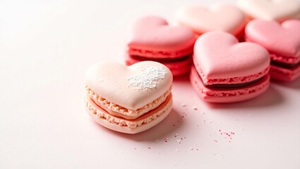 Obraz premium Heart-shaped macarons in soft pink to deep crimson, elegantly arranged on a white background, with a delicate sheen and a dusting of powdered sugar.