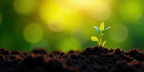 A single sprout emerges from rich soil, bathed in the warm glow of sunrise, symbolizing new growth and the promise of a flourishing future.